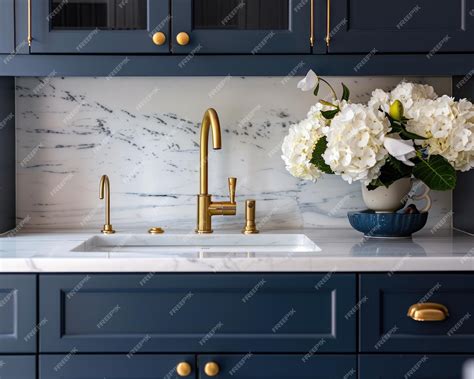 Elegant Blue Kitchen White and Blue Kitchen Sink with Gold Faucet and ...