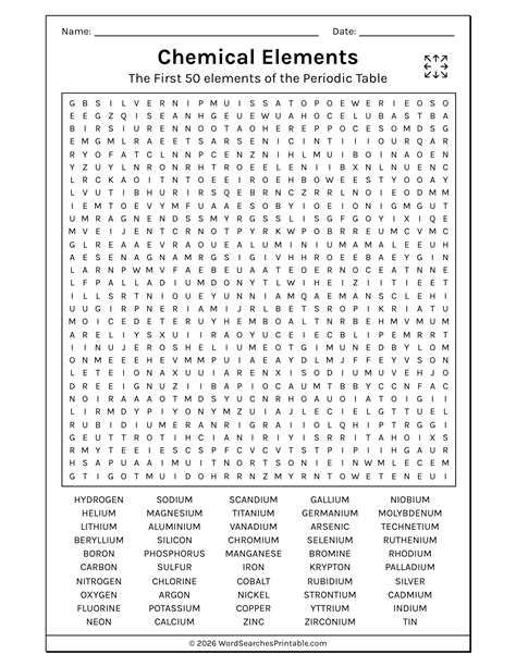 Free Printable Chemical Elements Word Searches