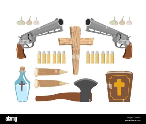 Weapons vampire hunter. Tools against undead. Garlic and silver bullets ...