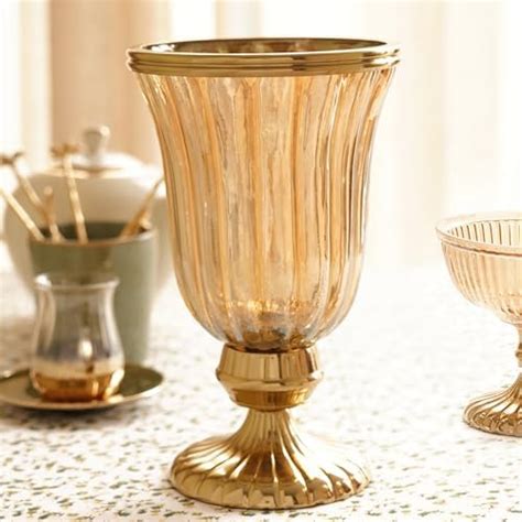 Pure Home + Living Gold Ribbed Hurricane with Short Stand - Small ...