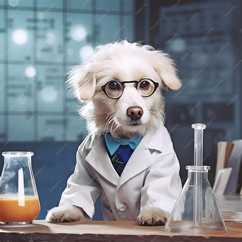 White fluffy dog with glasses scientist researcher in chemical ...