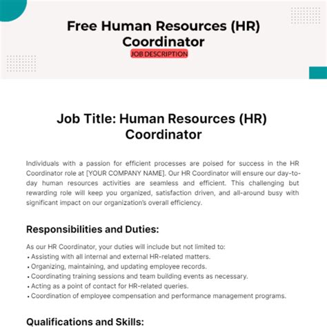 Free Human Resources (HR) Coordinator Job Description Template to Edit Online