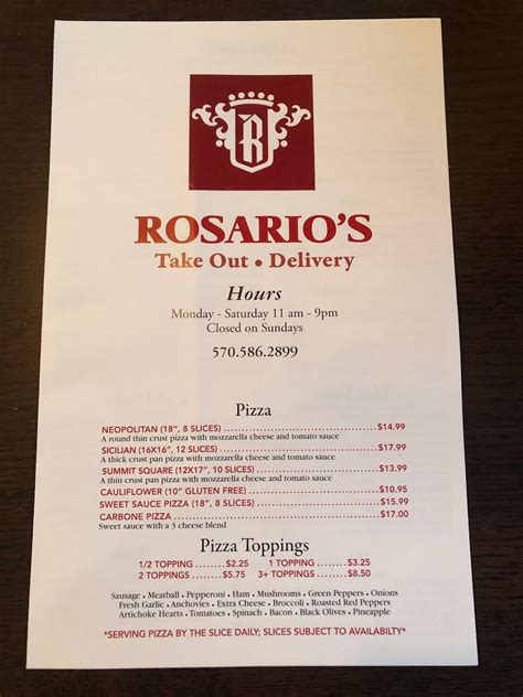 Menu at Rosario's Pizzeria, Clarks Summit