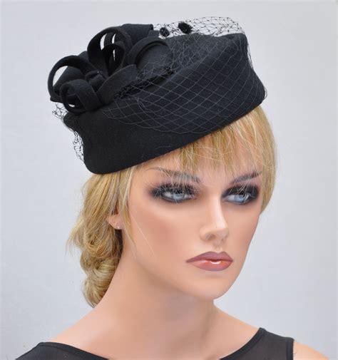 Black Pillbox Hat, Cocktail Hat, Funeral Hat, Ladies Black Felt Hat ...