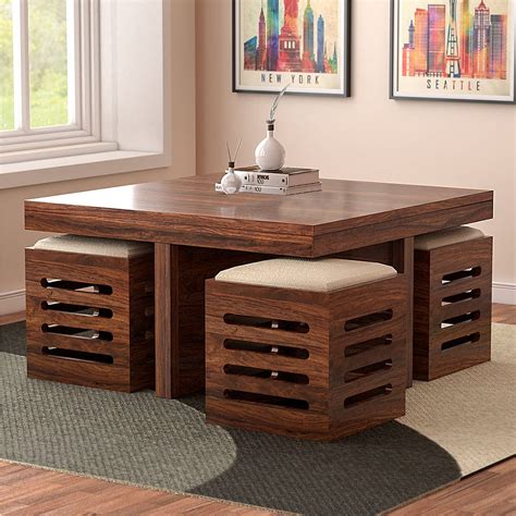 Sheesham Wood Nested Table with Metal Stand in Honey Finish