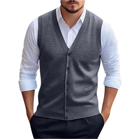 Qunyiney Gray Mens Sweater Vest Cardigan Solid Fall Casual Button Down ...
