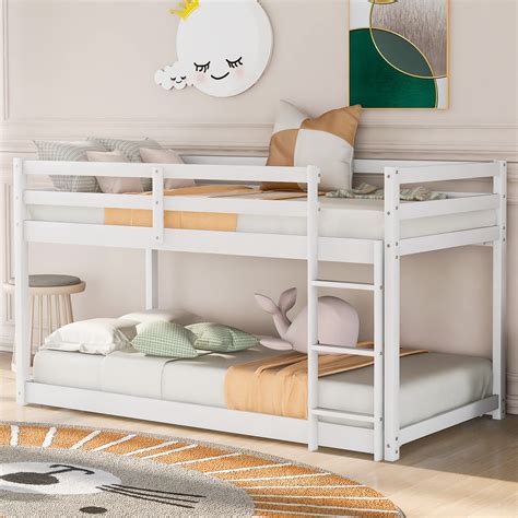 Buy ZJIAH Solid Wood Twin Over Twin Floor Bunk Bed w Ladder, Safety ...