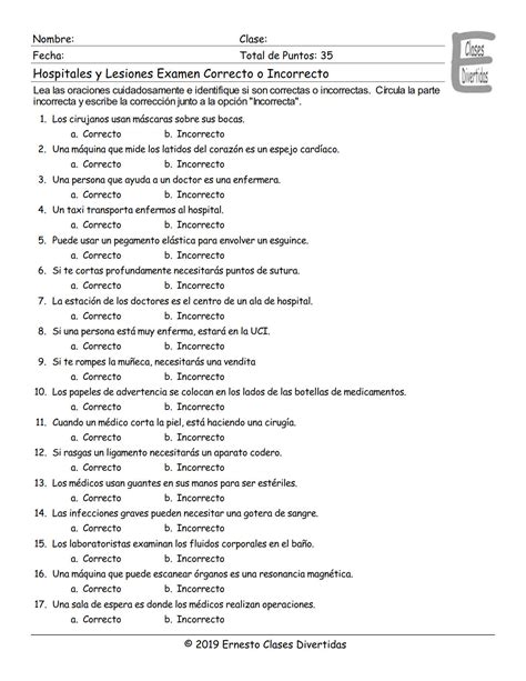 Hospitals and Injuries Spanish Correct-Incorrect Exam | Teaching Resources