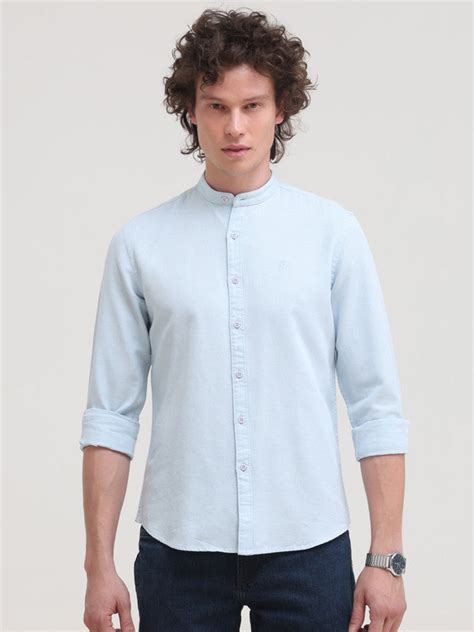 Mandarin Collar Sky Blue Slim Fit Solid Shirt – gritandflair
