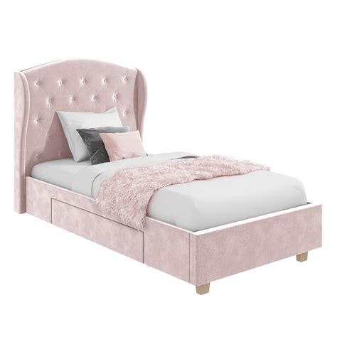 Pink Velvet Upholstered Single Bed Frame with Storage Drawer - Safina ...