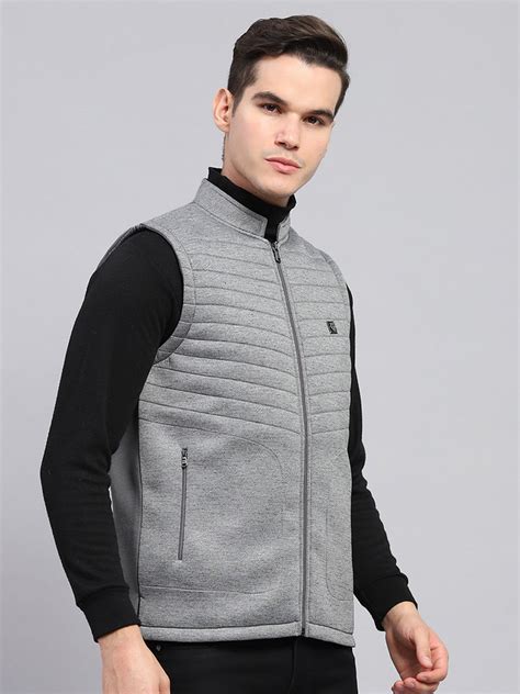 Buy Men Grey Self Design Mock Neck Sleeveless Jacket Online in India ...
