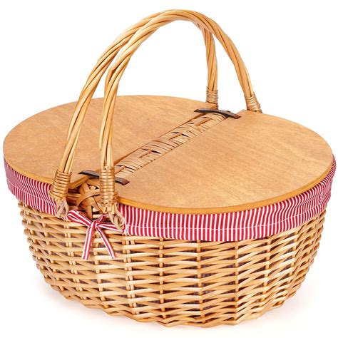 Buy Wicker Picnic Basket with Liner, Wooden Split Lid Picnic Basket ...