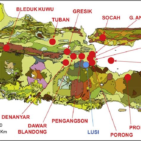 Mud volcanoes in Eastern Java. Map of Eastern half of Java showing ...
