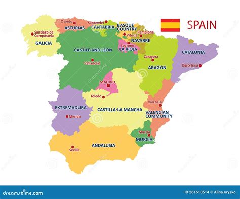 Spain Map. Colorful Political Spain Map with Regions and Main Cities ...