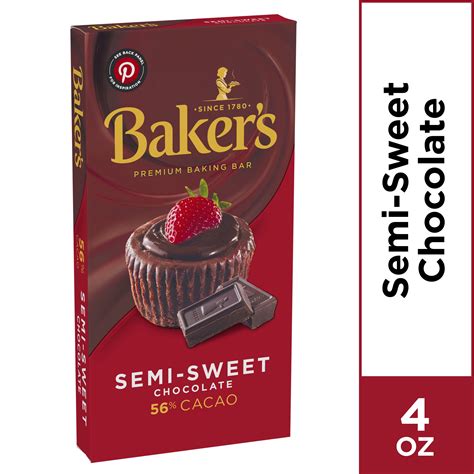 Baker's Premium Baking Chocolate Bar, Semi-Sweet 56% Cacao, 4 oz Box ...