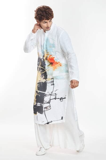 Buy White Linen Printed Abstract Artwork Kurta For Men by Anamika ...