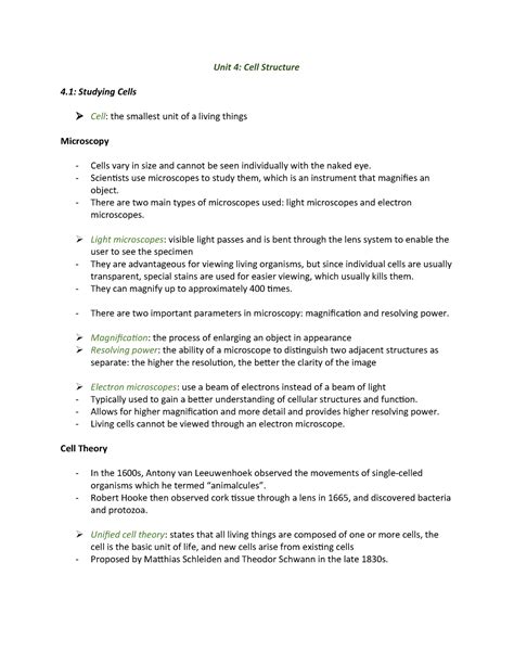 Scribd - precise notes for universty students - Unit 4: Cell Structure ...