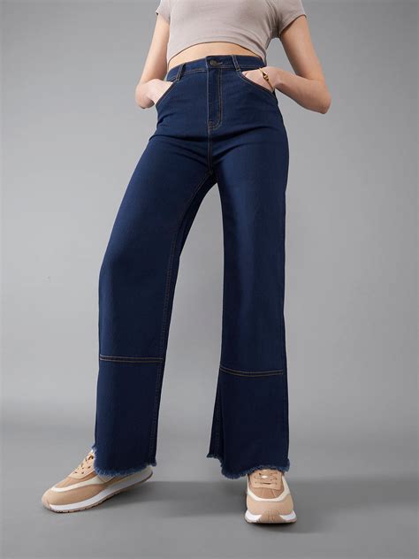 24/7 Comfort Navy-Blue Wide-Leg High-Rise Stretchable Denim Jeans