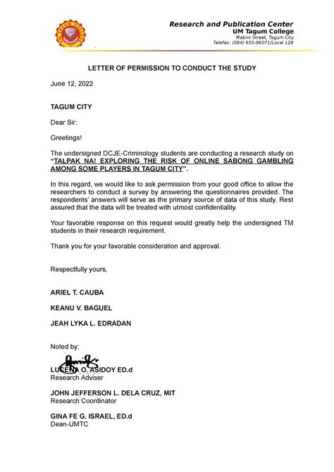 12 Letter FOR Permission TO Conduct THE Study - Research and Publication Center UM Tagum College ...