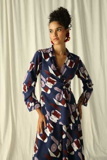 Buy Blue Cotton Embroidery V-neck Kareri Printed Wrap Top With Skirt ...