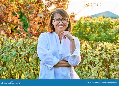 Outdoor Portrait of Happy Woman 45 Years Old, Looking at Camera Stock Photo - Image of lifestyle ...