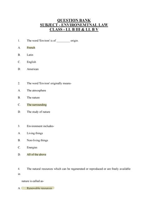 MCQ Environmental Law 2020 - QUESTION BANK SUBJECT - ENVIRONEMTNAL LAW ...