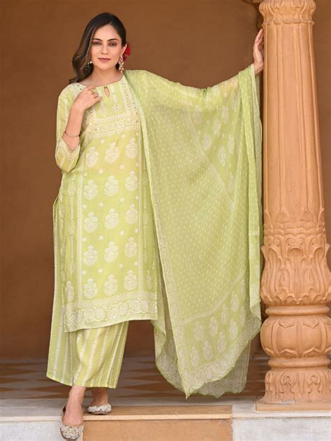 Pastel Green Mirror Embroidered Muslin Suit - Set of 3