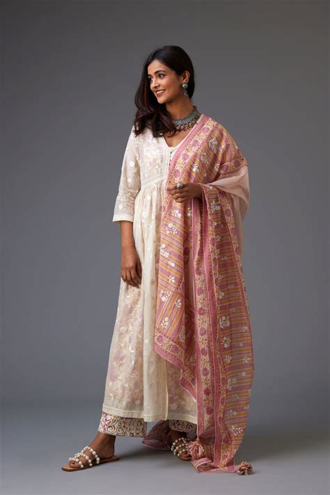 Off-white cotton chanderi front open kurta set with all over tonal jaa ...