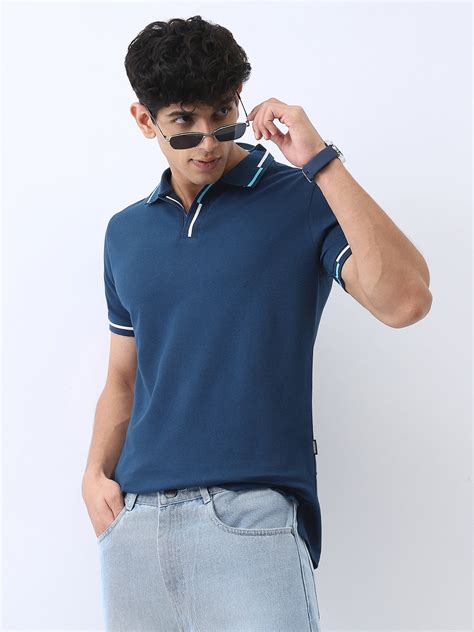 Men's Estate Blue Solid Regular Fit Half Sleeve Cotton Polo T-Shirt ...
