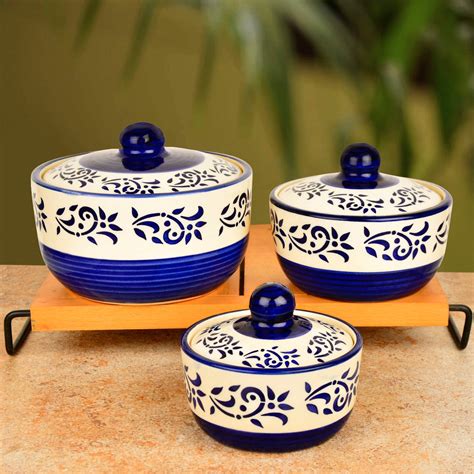 Hand Painted Ceramic Serving Donga with Lid (Set of 3, Blue , 1200 ml ...