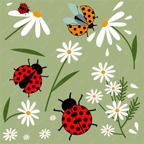 Premium Vector | Cute Lady bugs with colourful flowers Spring summer ...
