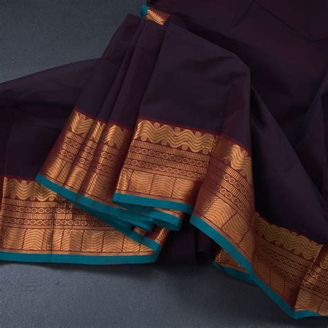 Chettinad Cotton Dark Maroon Plain Saree With Zari Border With Blouse ...