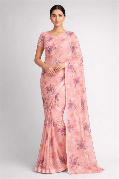 Buy Pure Chiffon Saree in Peach Colour For Summer- Sundari