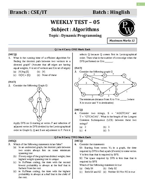 Algorithms Weekly Test 05 - Dynamic Programming Questions - Studocu