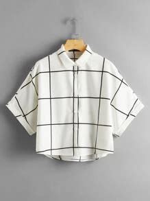 SHEIN LUNE Cuffed Batwing Sleeve Grid Shirt | SHEIN USA