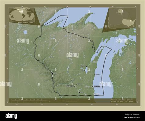 Wisconsin, state of United States of America. Elevation map colored in ...