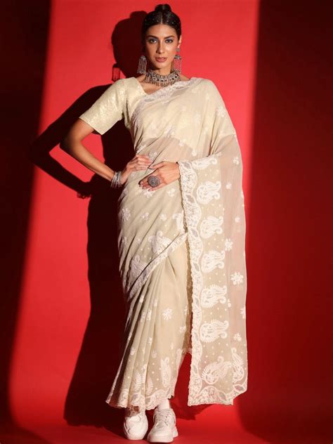BIIX596 Pastel Resham Thread Embroidered & Crystal Embellished Saree ...