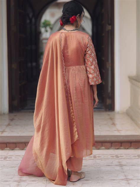 Buy Women's Peach Embroidered A Line Kurta Set with Dupatta Online in ...