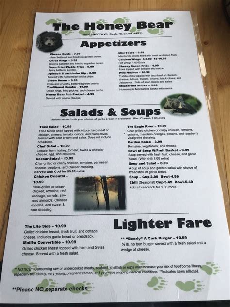 Menu at Honey Bear restaurant, Eagle River, WI-70