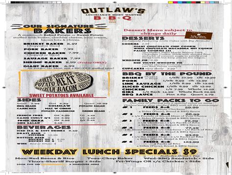 Menu at Outlaw's BBQ--Pineville, Pineville, 359 Kings Country Rd