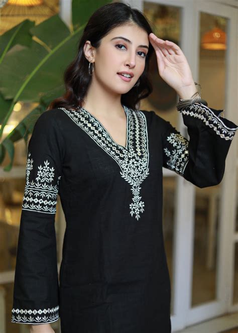 Straight Ebony and Black Embroidered Bell Sleeve Dress – Sujatra