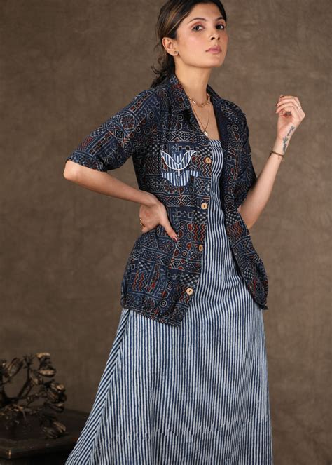 Indigo Stripe Dress with Indigo Ajrakh Shirt with Applique Work - 2 Pi ...