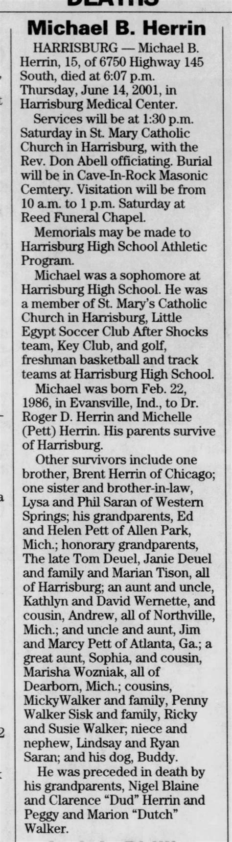 Michael Herrin obituary, Southern Illinoisan, 16 Jun 2001 - Newspapers.com