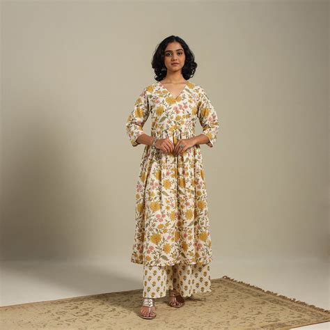 Yellow Flared Cotton Jaipur Print Kurta Set (Set of 2)
