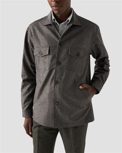 Dark Gray Herringbone Wool-Cashmere Flannel Overshirt - Eton