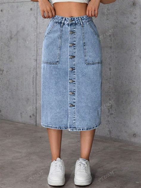 Women's Casual Vintage Washed Button Front A-Line Midi Skirt With ...