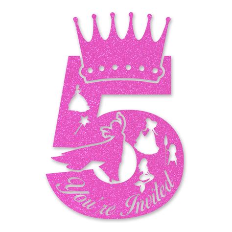 brayqu Princesses 5th Birthday Party Invitations Girl Pink Glitter ...