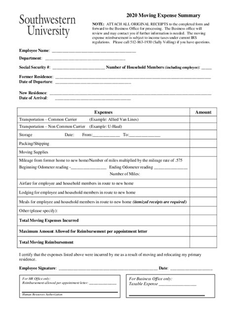 2020-2026 Form Southwestern University Moving Expense Summary - Fill ...
