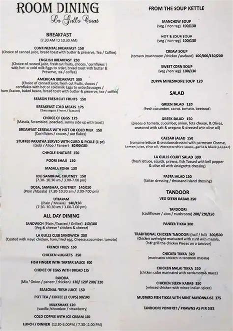 Menu at Monarch, Chapora