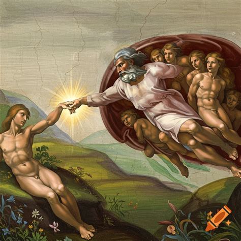 Painting in the style of the Sistine Chapel ceiling showing God ...